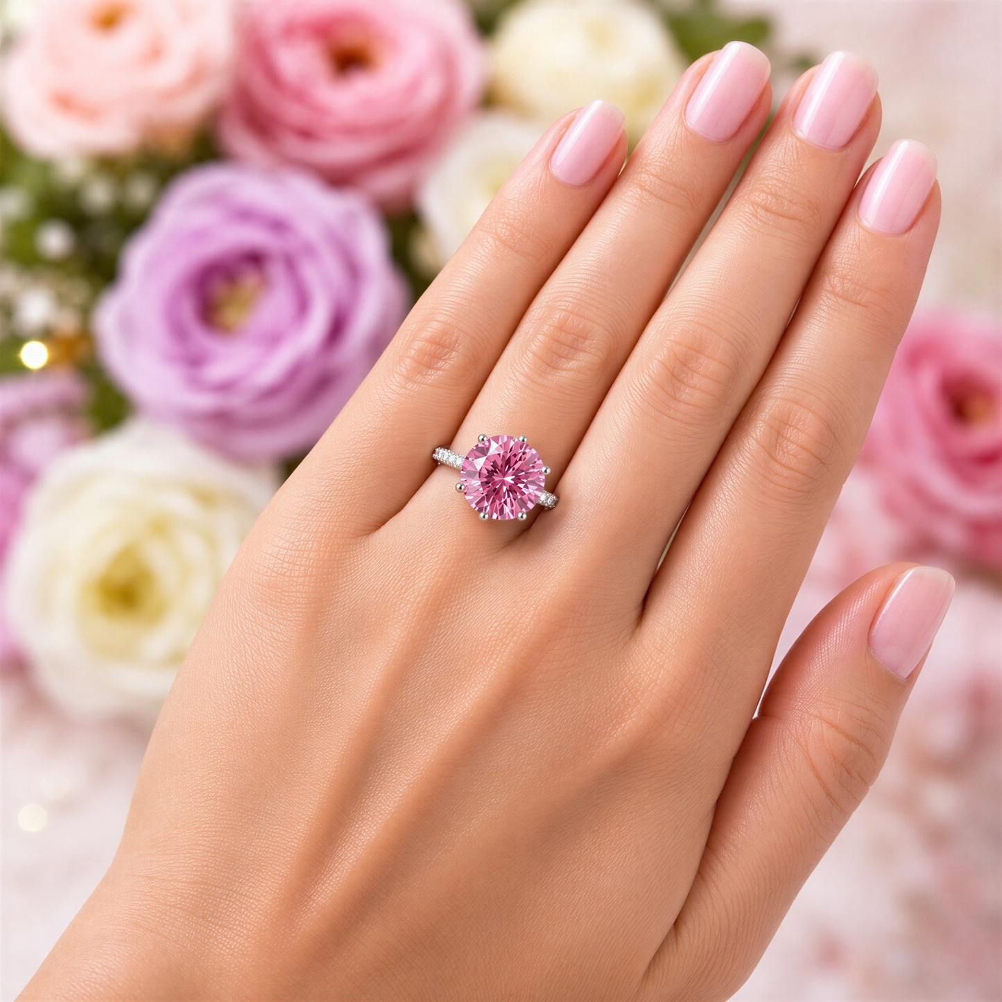 3 Carat Round Cut Pink Created Diamond Accented Engagement Ring 925 Sterling Silver