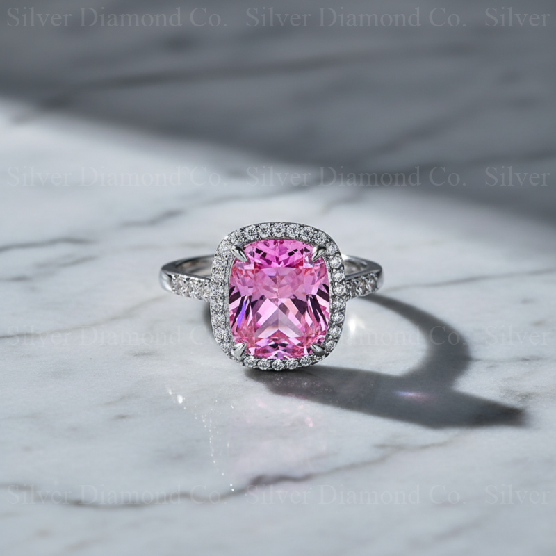 7Ct Pink Cushion Halo Ring - Silver Rings