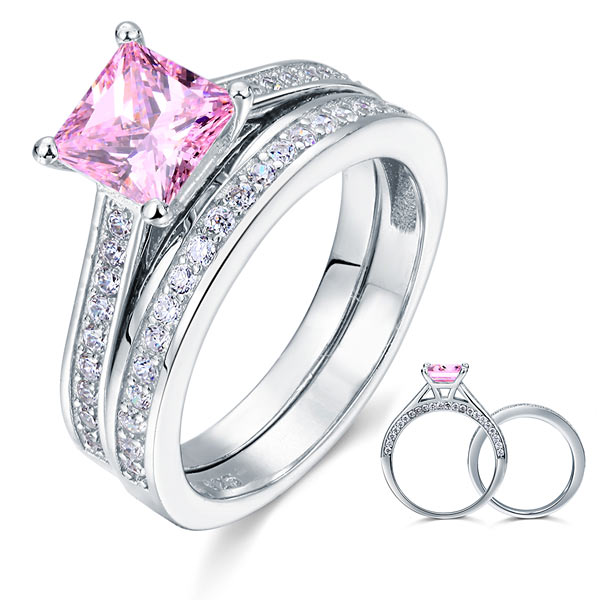 1.5 Princess Cut Pink Diamond Bridal Ring Set 925 Sterling Silver