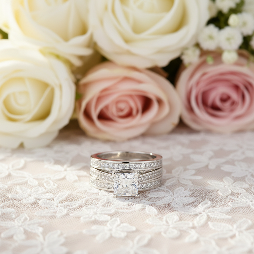 Princess Cut 3 Pcs Created Diamond Wedding Engagement Ring Set 925 Sterling Silver