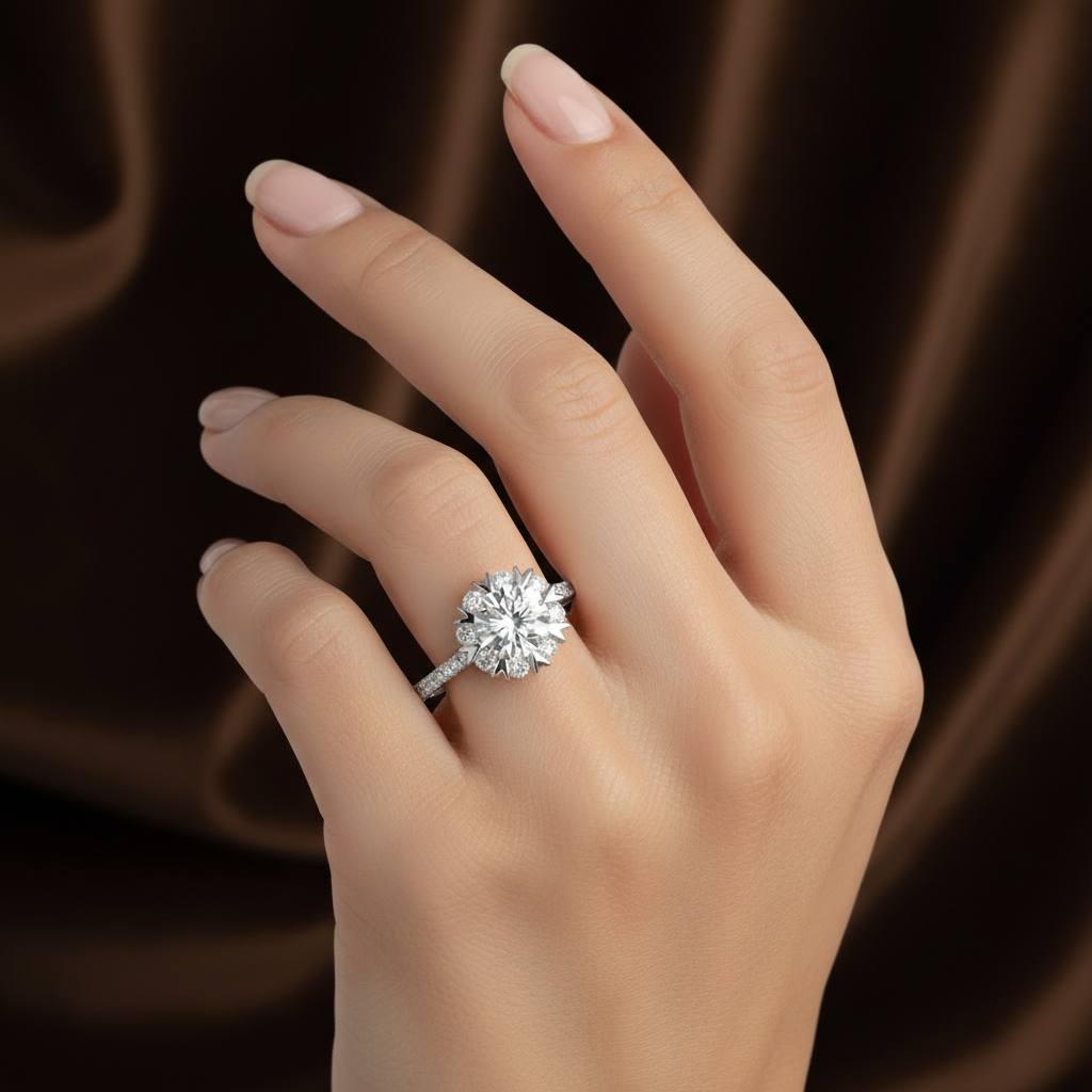 Flower Halo Engagement Ring, 1 Carat Round Cut Diamond Ring, Floral Halo Ring, 925 Sterling Silver Wedding Ring, High Carbon Diamond Bridal Ring