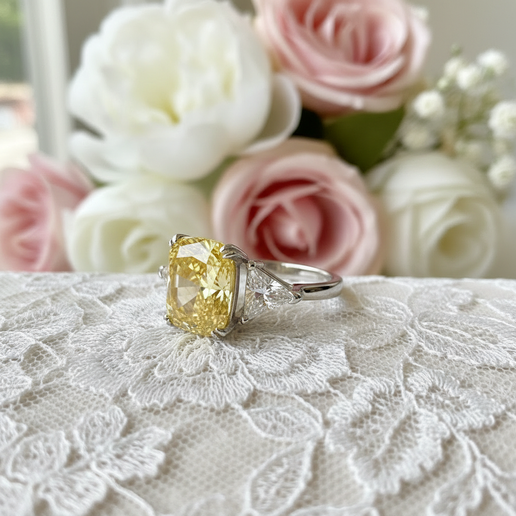 925 Sterling Silver Three-Stone Luxury Ring 8 Carat Yellow Canary Created Diamond