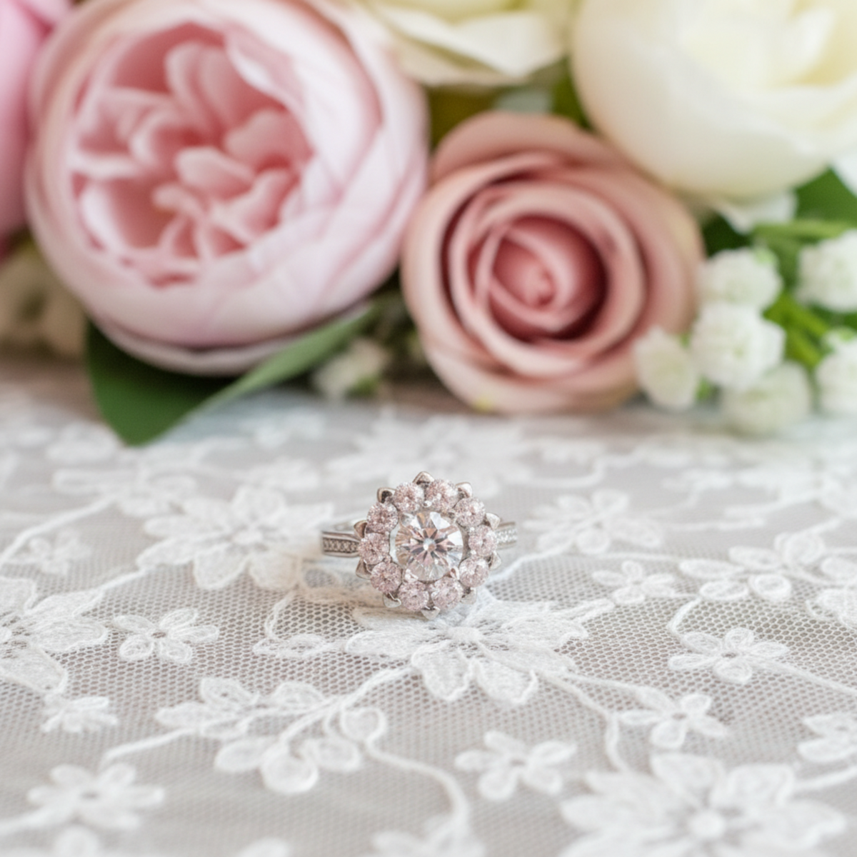 1Cr Round Flower Lab Created Diamond Halo Engagement Ring 925 Sterling Silver