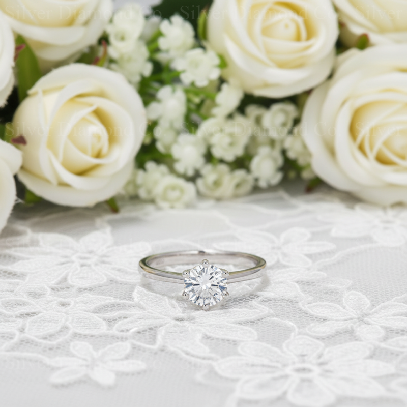1 Ct Round Created Diamond 6 Prong Solitaire Engagement Ring 925 Sterling Silver - Silver Rings