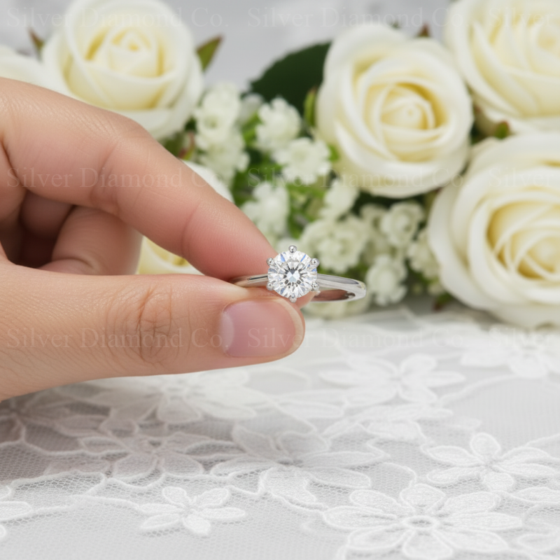 1 Ct Round Created Diamond 6 Prong Solitaire Engagement Ring 925 Sterling Silver - Silver Rings