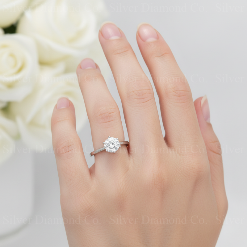 1 Ct Round Created Diamond 6 Prong Solitaire Engagement Ring 925 Sterling Silver - Silver Rings