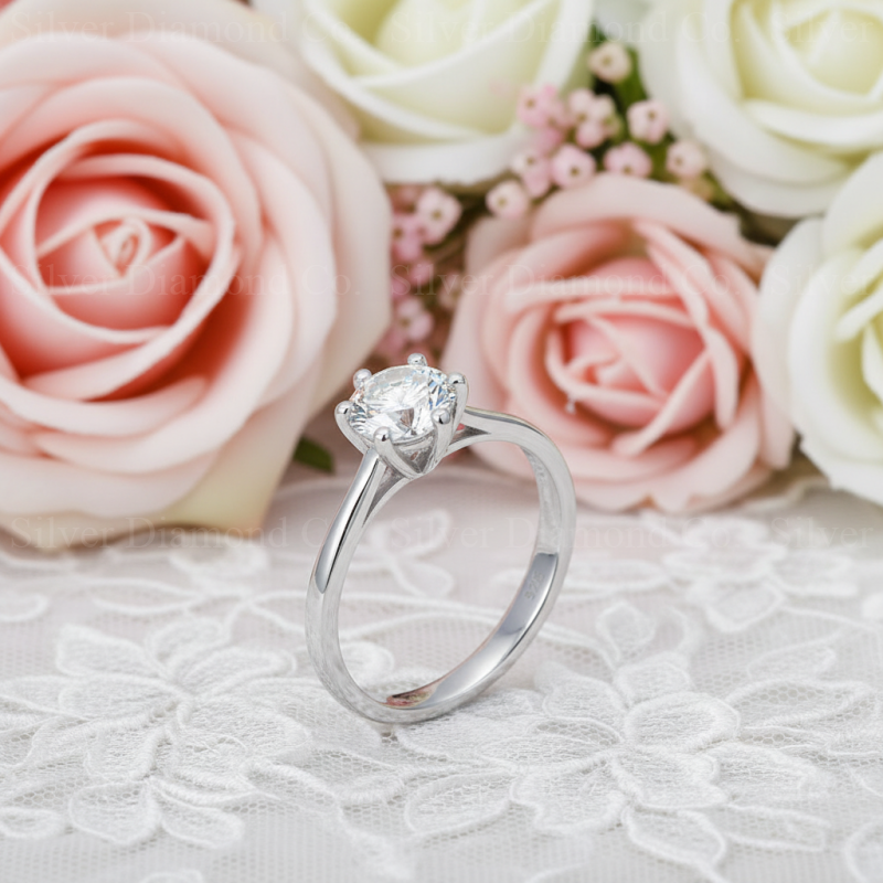 1 Ct Round Created Diamond 6 Prong Solitaire Engagement Ring 925 Sterling Silver - Silver Rings