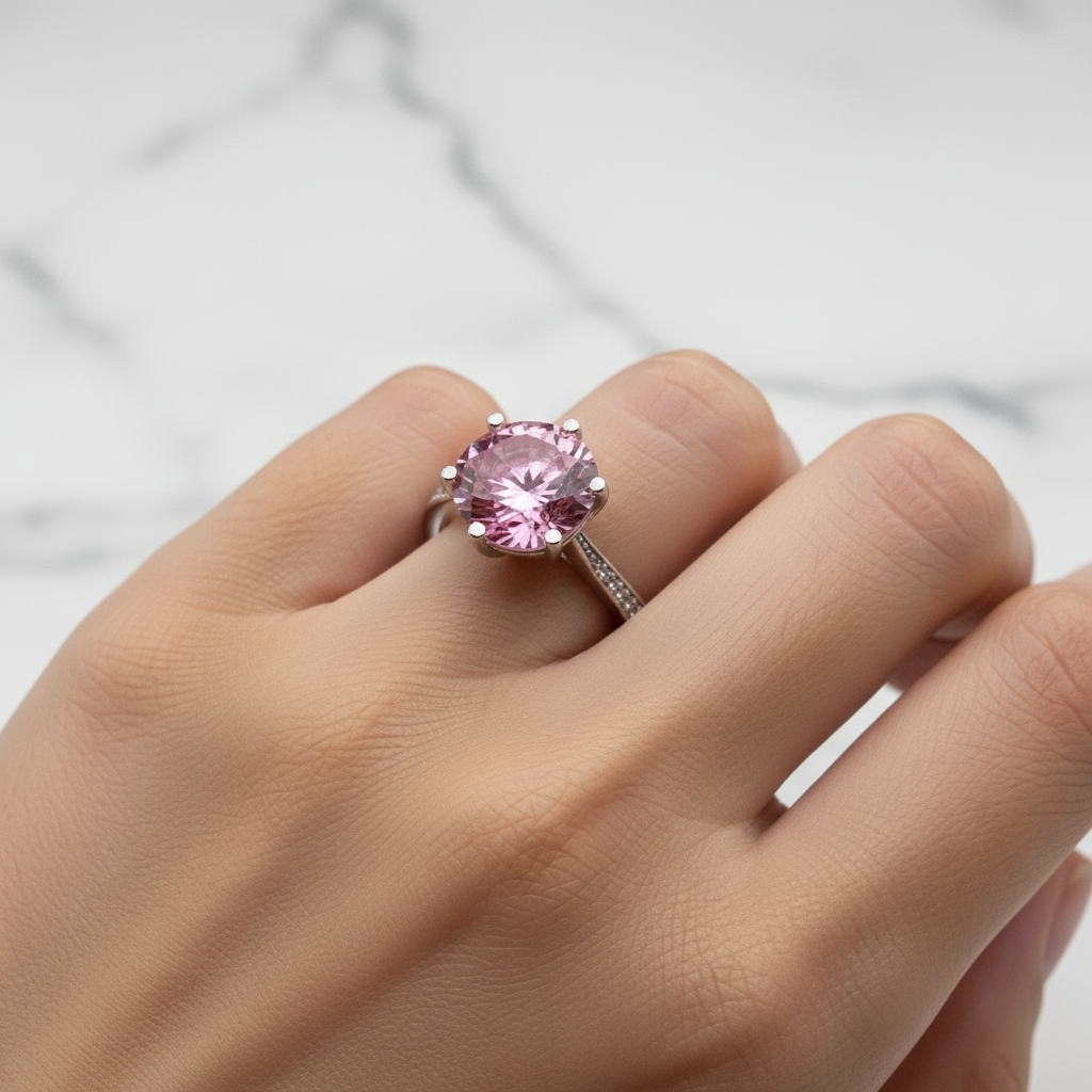 3 Carat Round Cut Pink Created Diamond Accented Engagement Ring 925 Sterling Silver - Silver Rings
