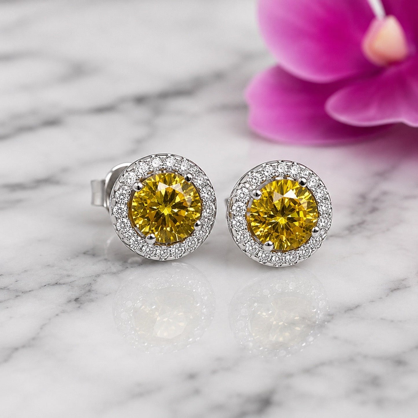 2.5 Carat Round Fancy Yellow Halo (Removable) Stud 925 Sterling Silver Earrings XFE8127