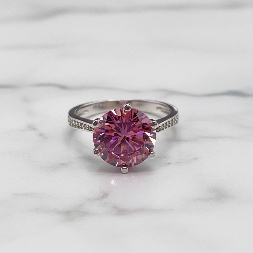 3 Carat Round Cut Pink Created Diamond Accented Engagement Ring 925 Sterling Silver