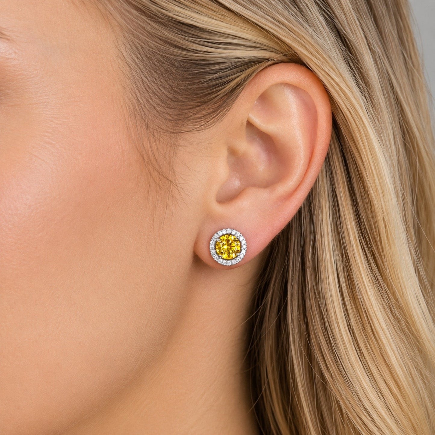 2.5 Carat Round Fancy Yellow Halo (Removable) Stud 925 Sterling Silver Earrings XFE8127