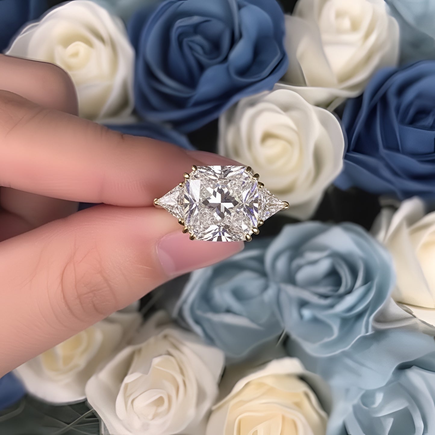 8 Ct Princess Three Stone Created Diamond Gold 925 Sterling Silver Statement Engagement Ring