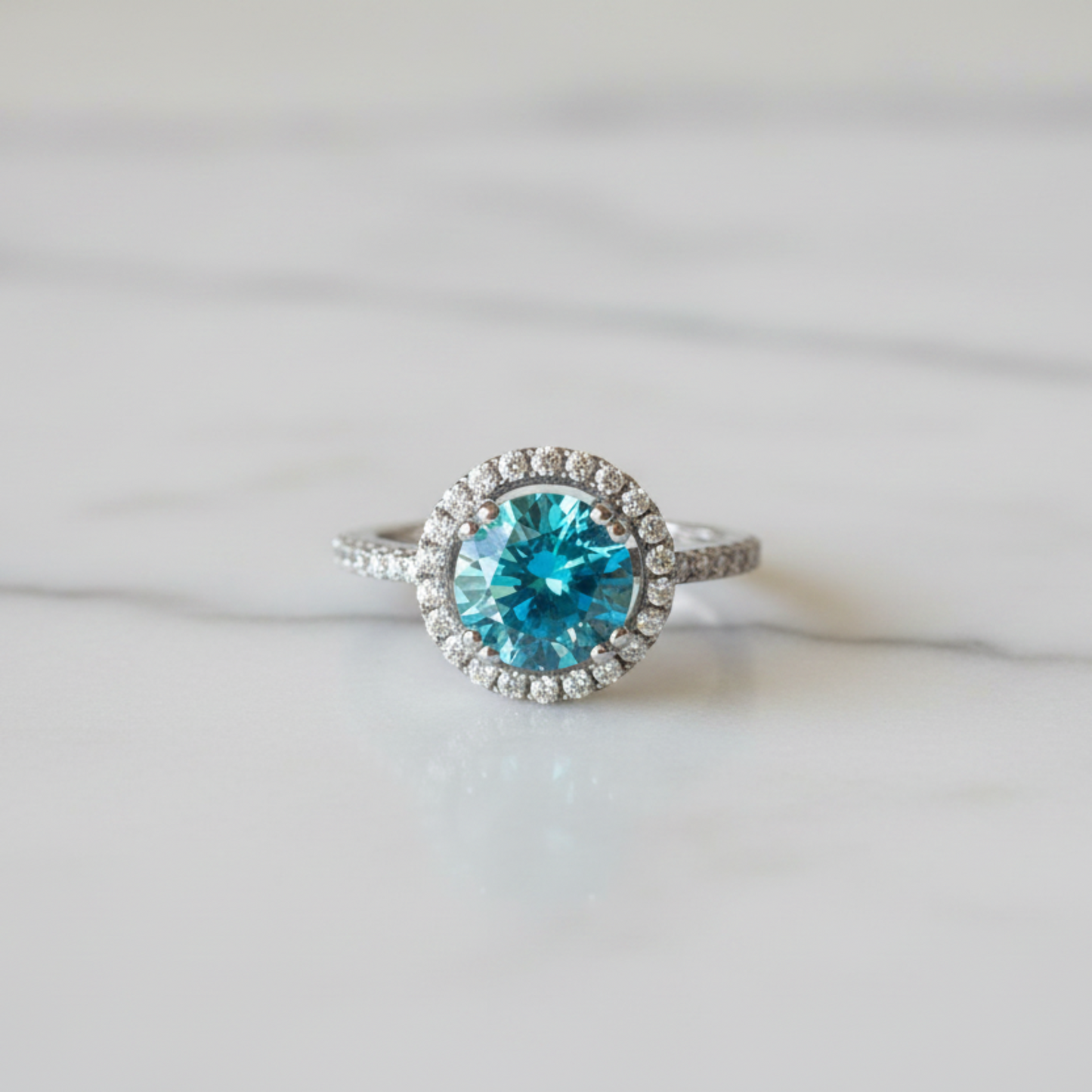 925 Sterling Silver Wedding Engagement Halo Ring 2 Carat Fancy Blue Simulated Diamond XFR8200 - Silver Rings