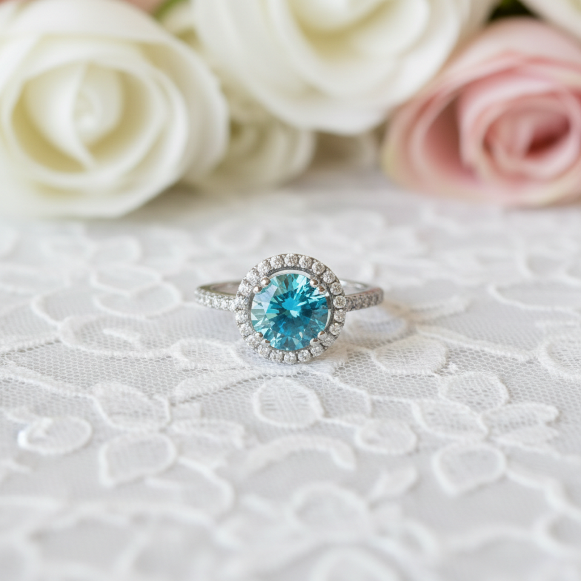 925 Sterling Silver Wedding Engagement Halo Ring 2 Carat Fancy Blue Simulated Diamond XFR8200 - Silver Rings