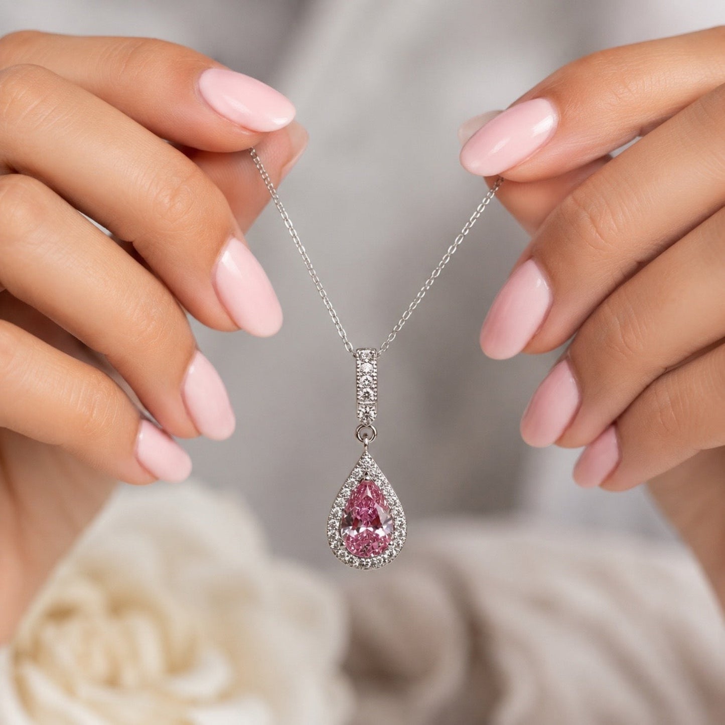 3 Carat Pear Cut Pink Diamond Pendant Necklace 925 Sterling Silver