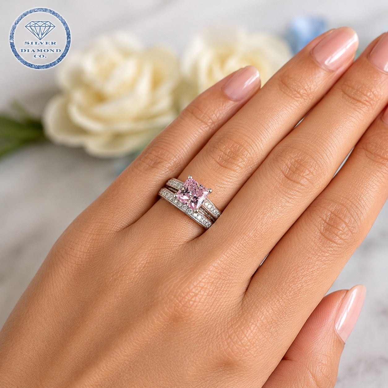 1.5 Princess Cut Pink Diamond Bridal Ring Set 925 Sterling Silver