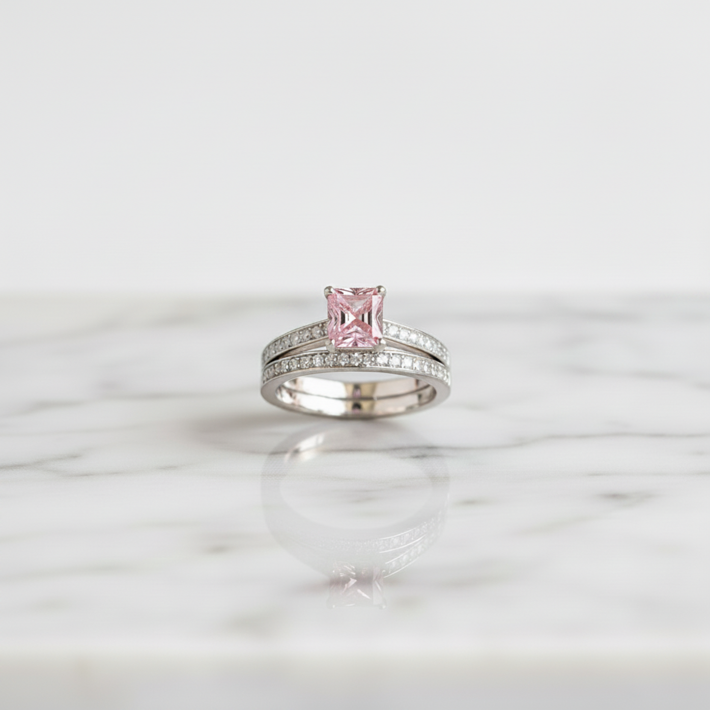 1.5 Princess Cut Pink Diamond Bridal Ring Set 925 Sterling Silver