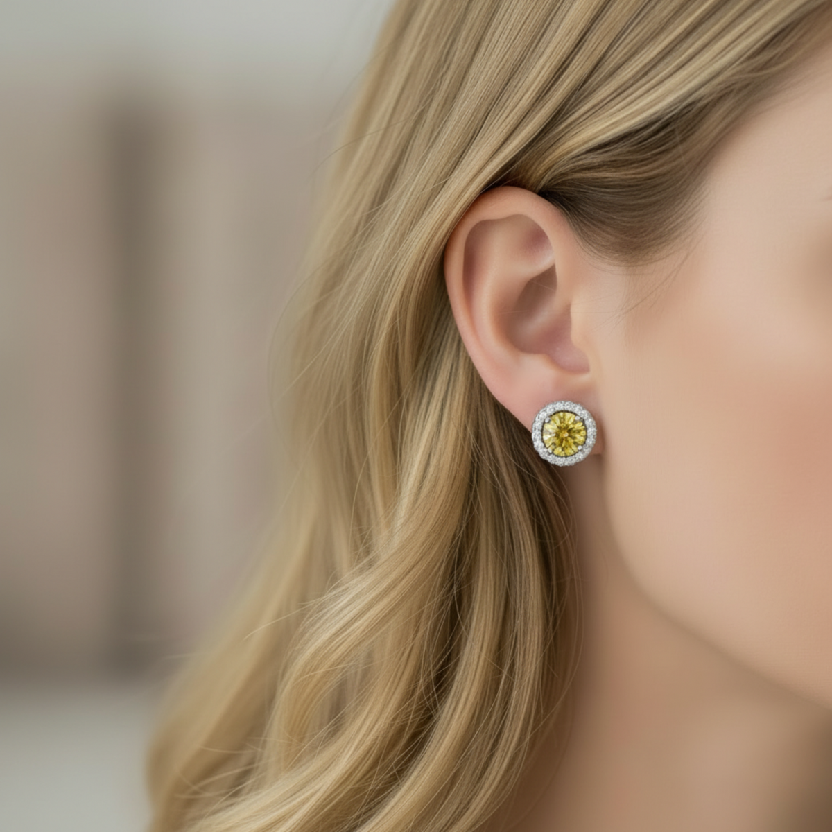 2.5 Carat Round Fancy Yellow Diamond Halo (Removable) Stud 925 Sterling Silver Earrings XFE8127 - Silver Earrings
