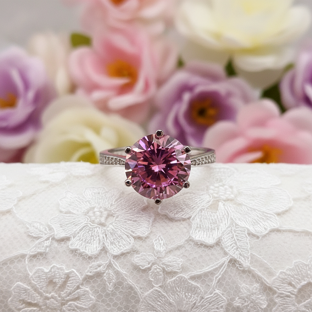 3 Carat Round Cut Pink Created Diamond Accented Engagement Ring 925 Sterling Silver - Silver Rings
