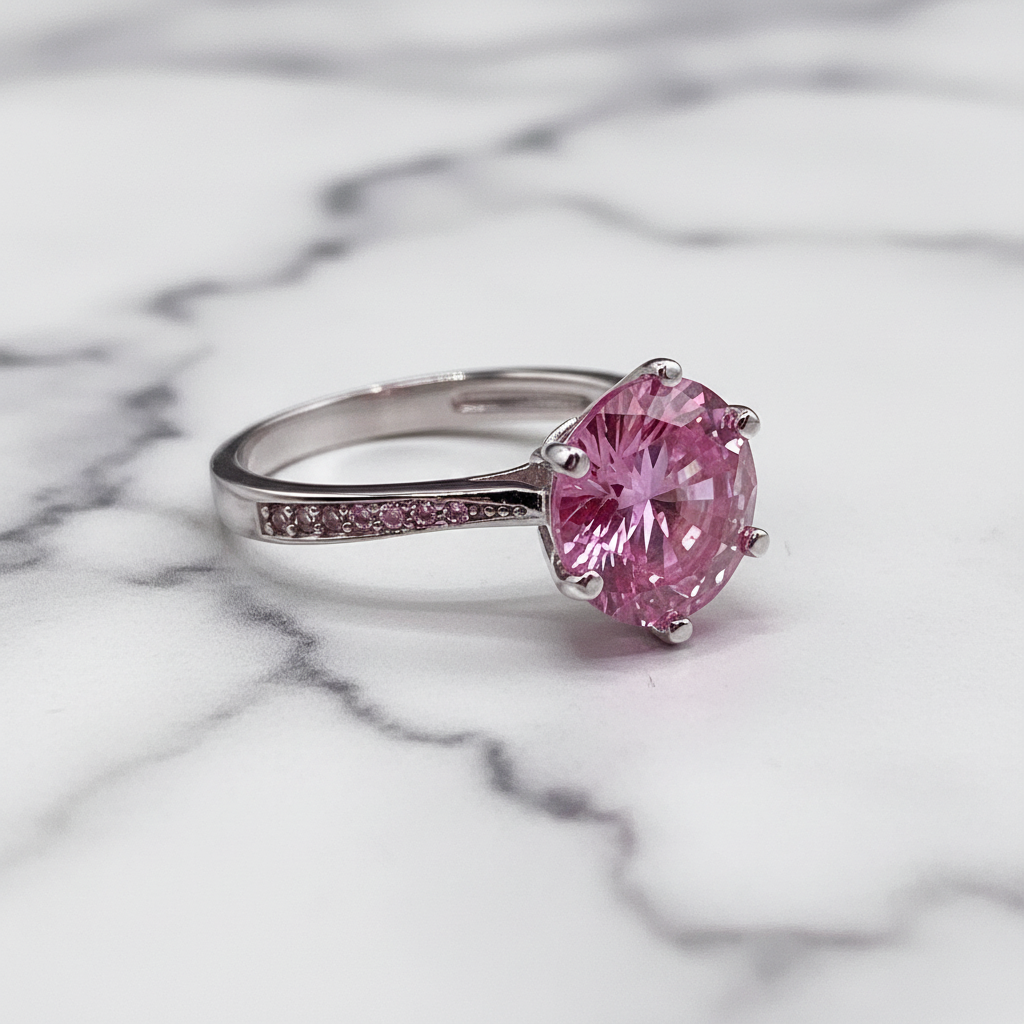 3 Carat Round Cut Pink Created Diamond Accented Engagement Ring 925 Sterling Silver