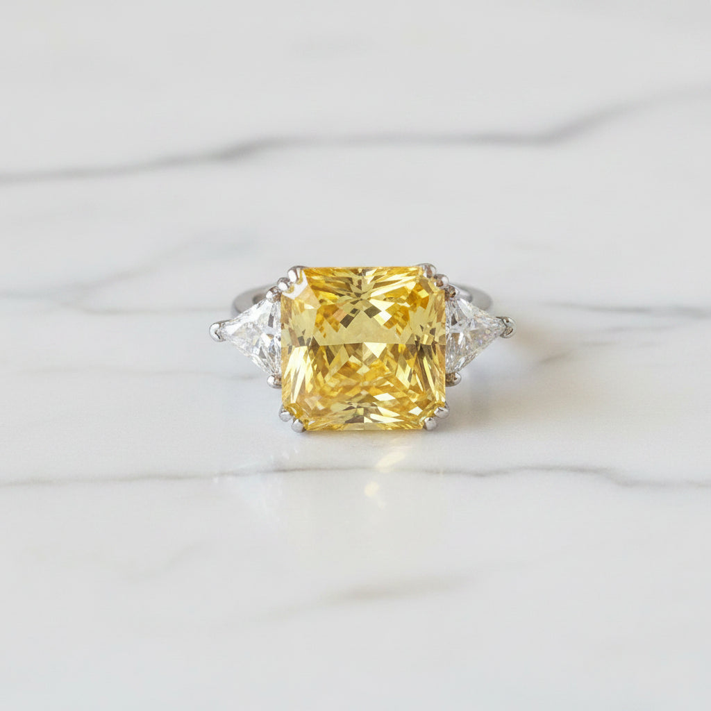 925 Sterling Silver Three-Stone Luxury Ring 8 Carat Yellow Canary Created Diamond
