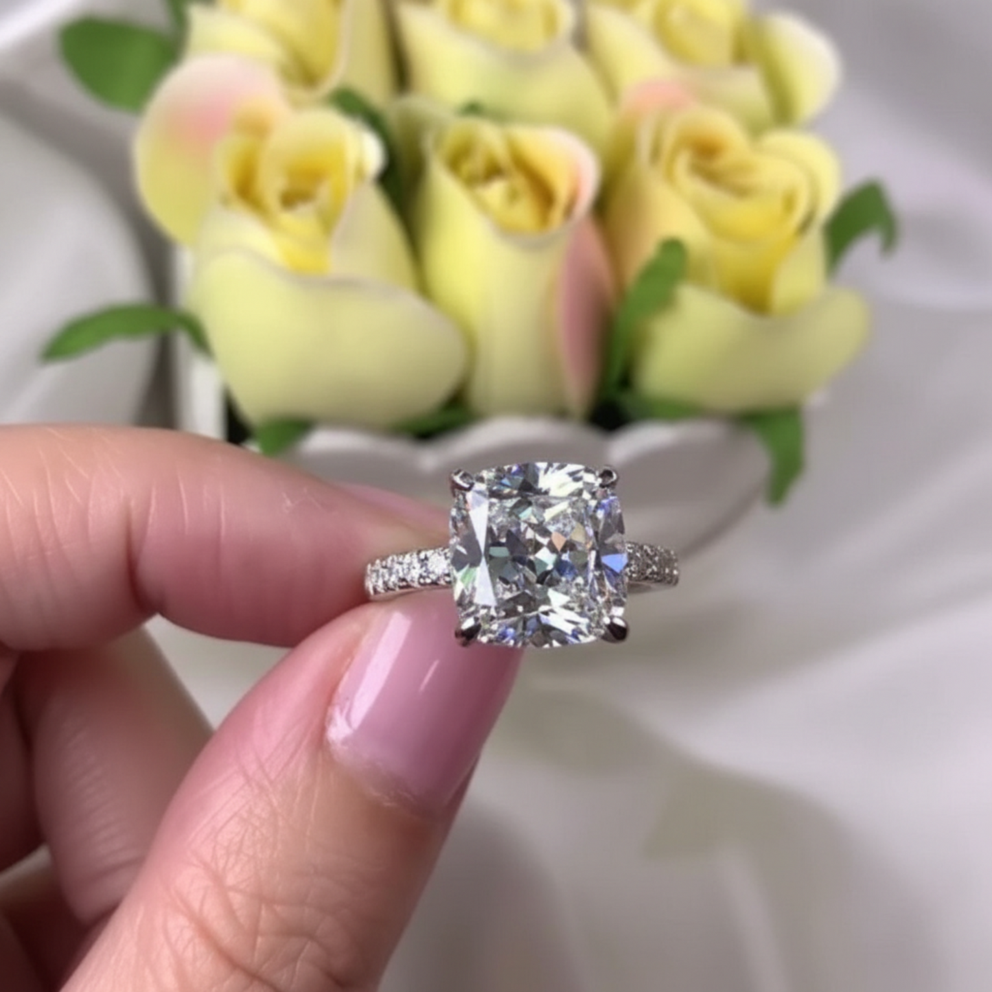 5 Carat Cushion Cut Lab Created Diamond Engagement Ring 925 Sterling Silver