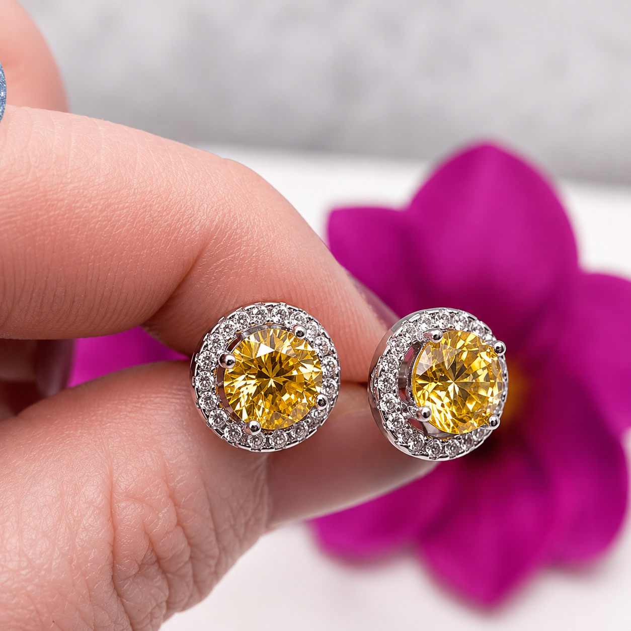 2.5 Carat Round Fancy Yellow Halo (Removable) Stud 925 Sterling Silver Earrings XFE8127
