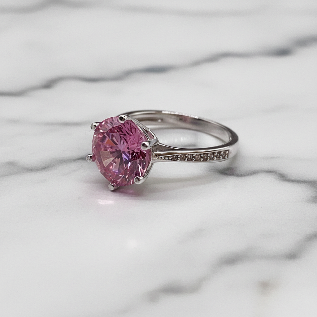 3 Carat Round Cut Pink Created Diamond Accented Engagement Ring 925 Sterling Silver