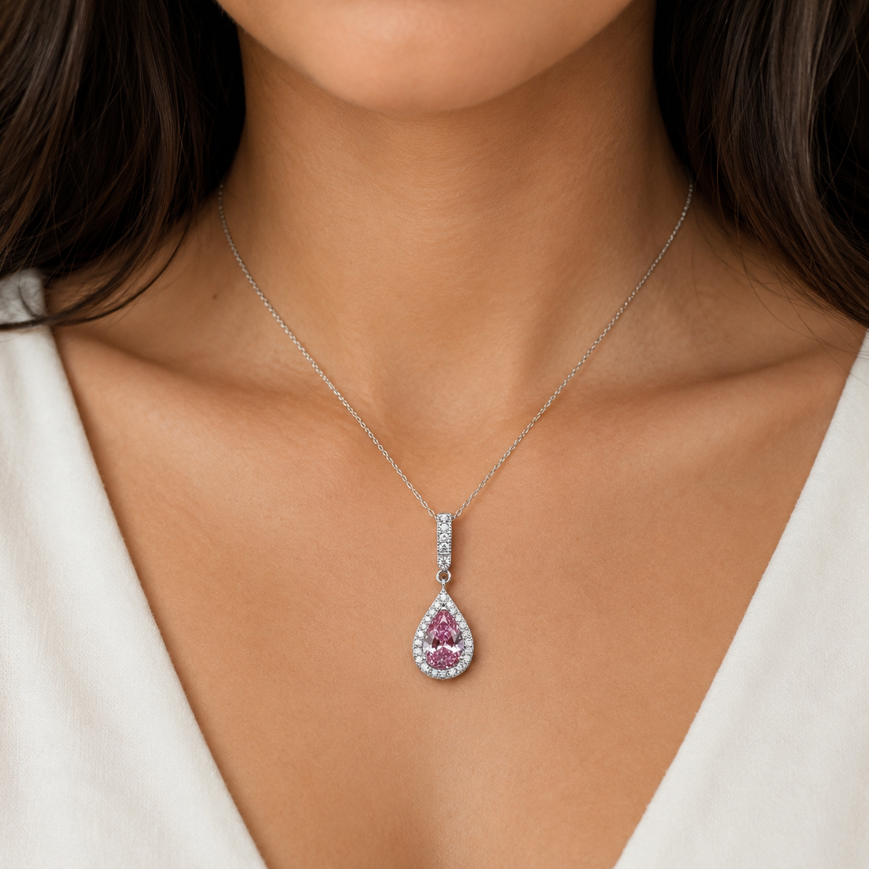 3 Carat Pear Cut Pink Diamond Pendant Necklace 925 Sterling Silver