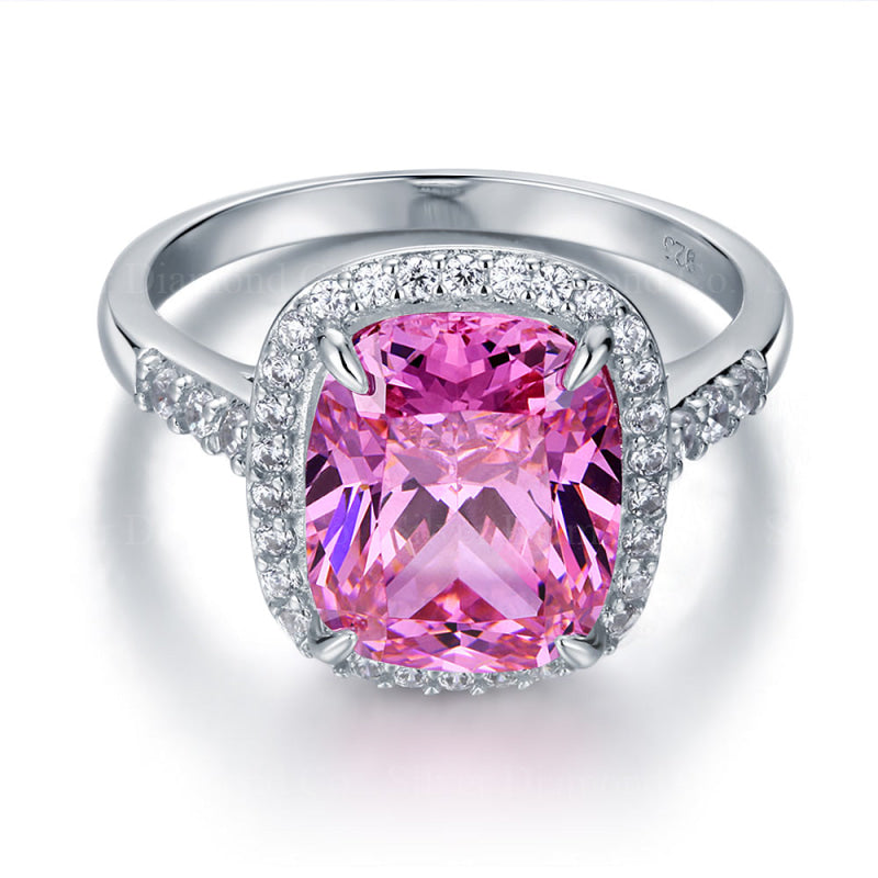 7Ct Pink Cushion Halo Ring - Silver Rings