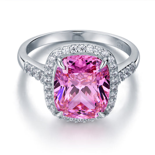 7Ct Pink Cushion Halo Ring - Silver Rings