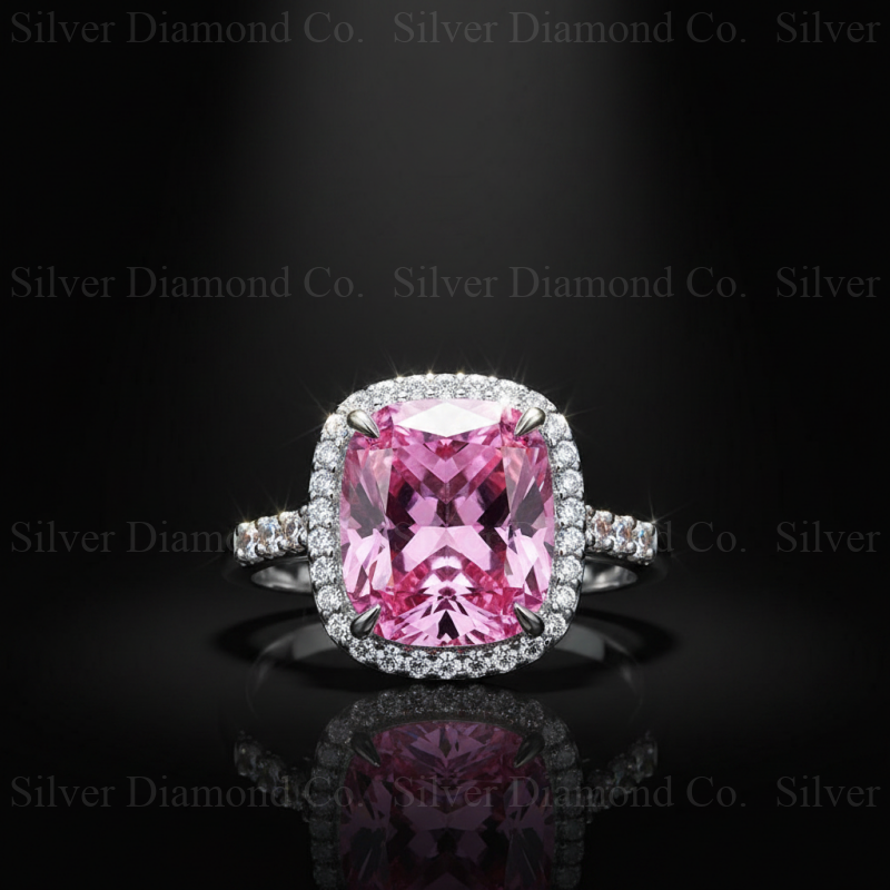 7Ct Pink Cushion Halo Ring - Silver Rings