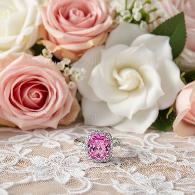 7Ct Pink Cushion Halo Ring - Silver Rings