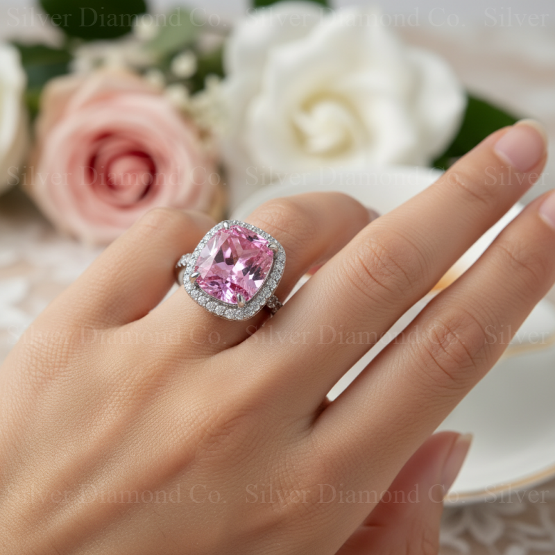 7Ct Pink Cushion Halo Ring - Silver Rings