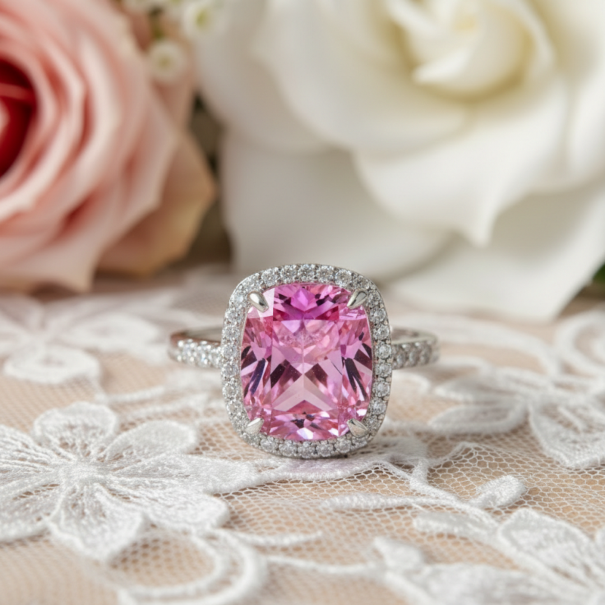 7Ct Pink Cushion Halo Ring - Silver Rings