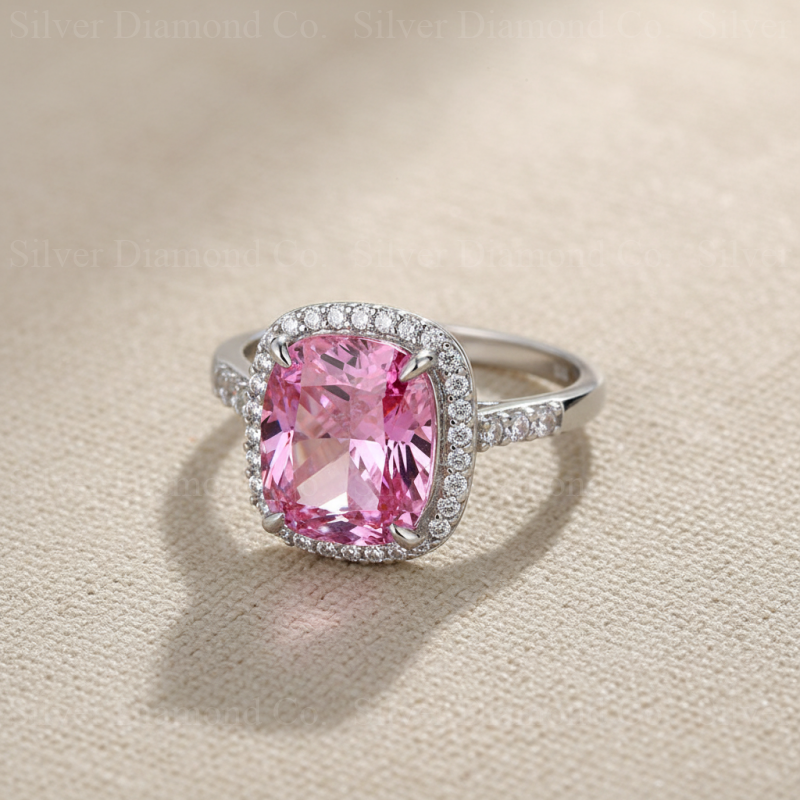 7Ct Pink Cushion Halo Ring - Silver Rings