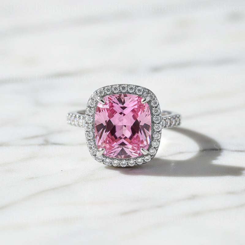 7Ct Pink Cushion Halo Ring - Silver Rings