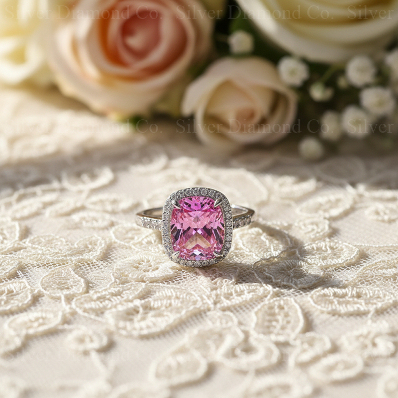 7Ct Pink Cushion Halo Ring - Silver Rings