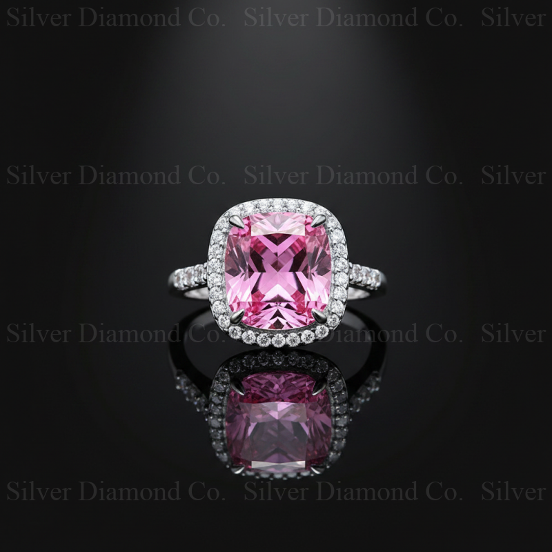 7Ct Pink Cushion Halo Ring - Silver Rings