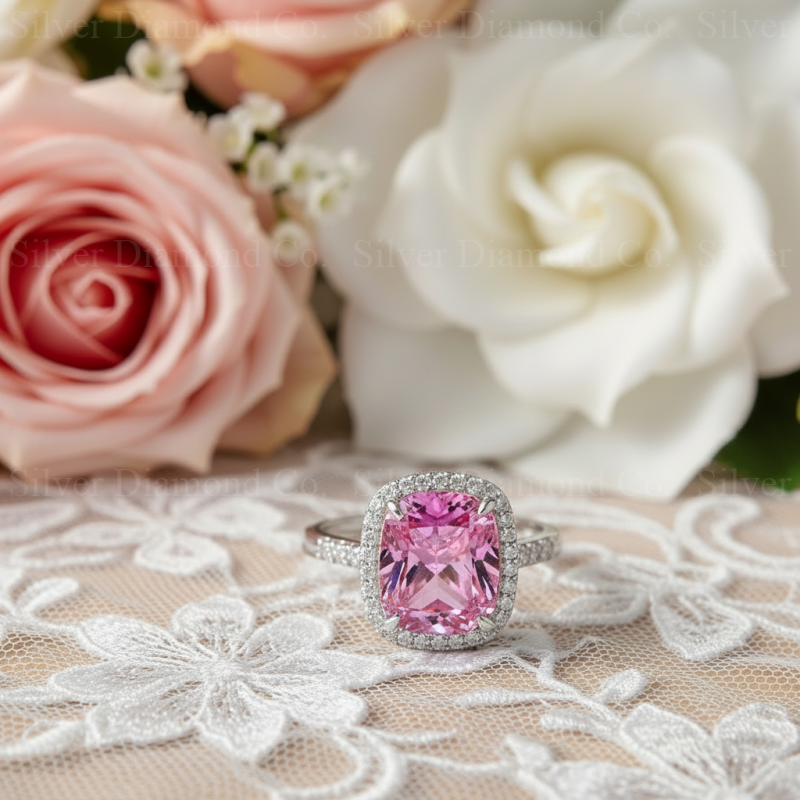 7Ct Pink Cushion Halo Ring - Silver Rings