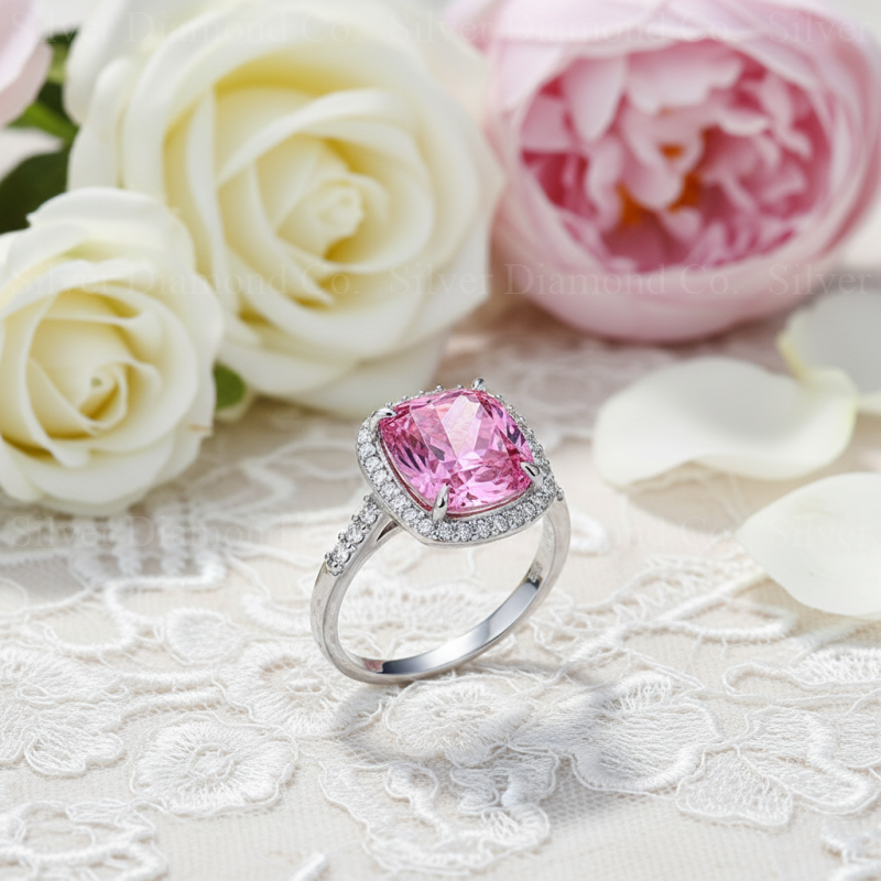 7Ct Pink Cushion Halo Ring - Silver Rings