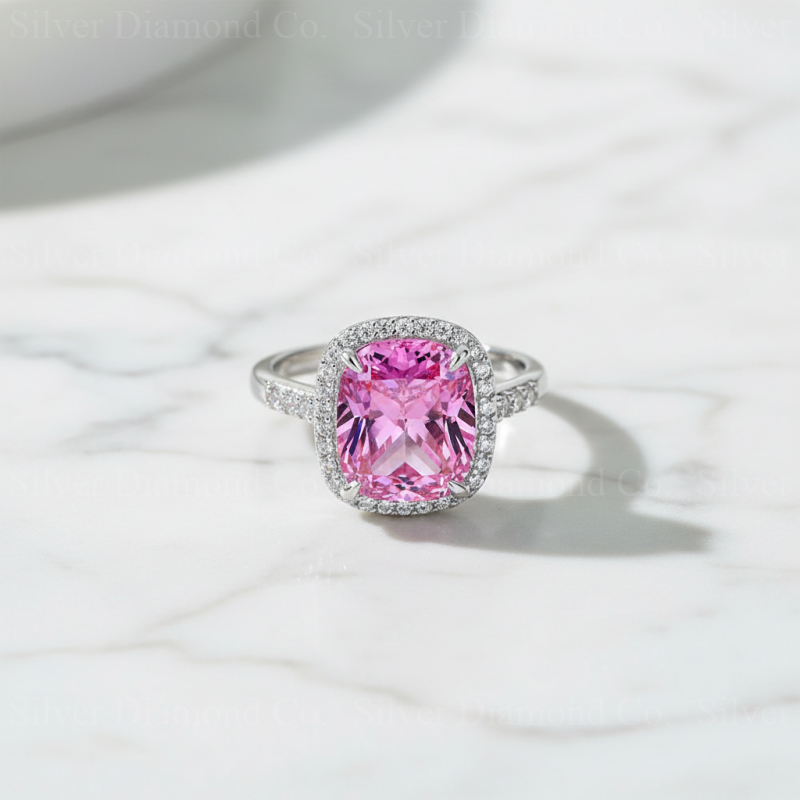 7Ct Pink Cushion Halo Ring - Silver Rings
