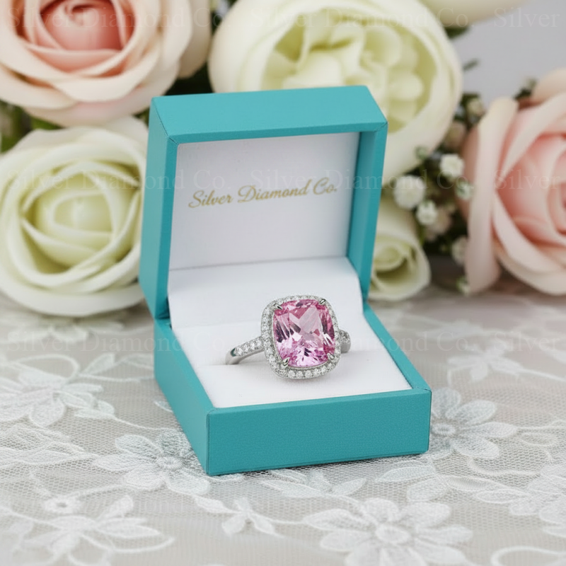 7Ct Pink Cushion Halo Ring - Silver Rings
