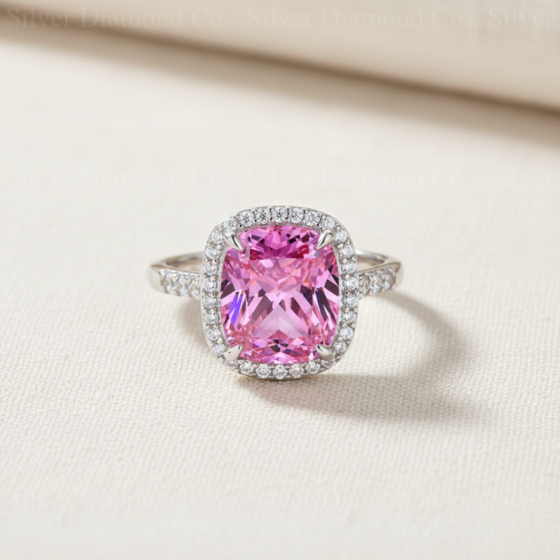 7Ct Pink Cushion Halo Ring - Silver Rings