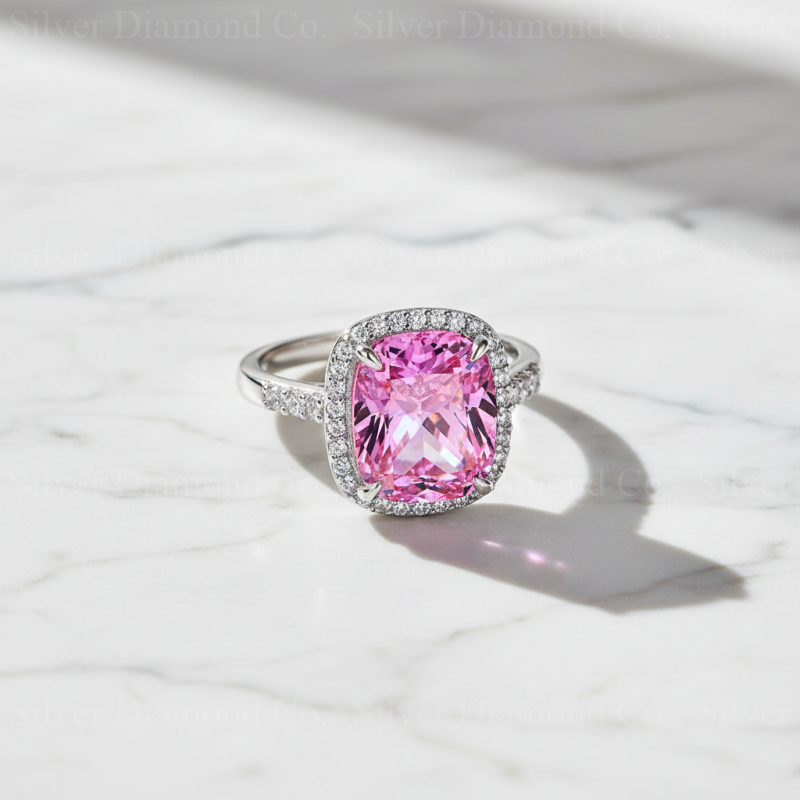 7Ct Pink Cushion Halo Ring - Silver Rings
