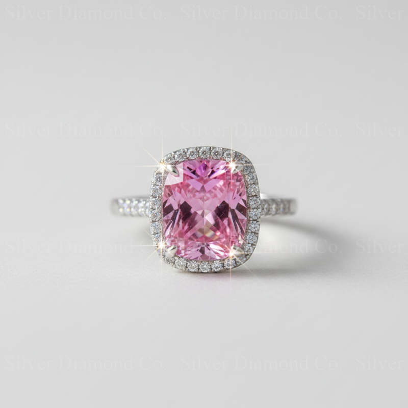 7Ct Pink Cushion Halo Ring - Silver Rings