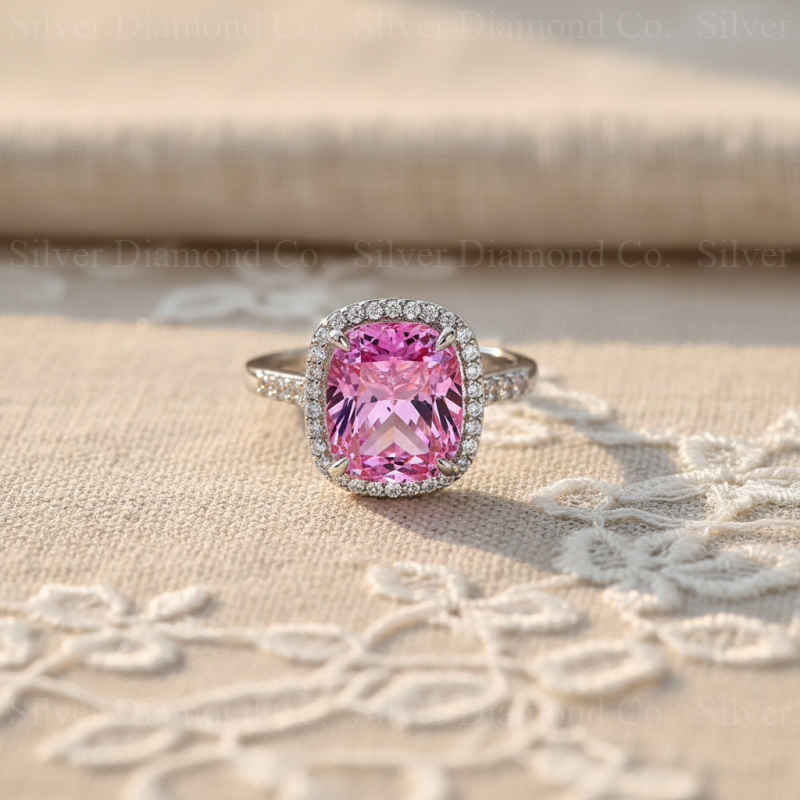 7Ct Pink Cushion Halo Ring - Silver Rings