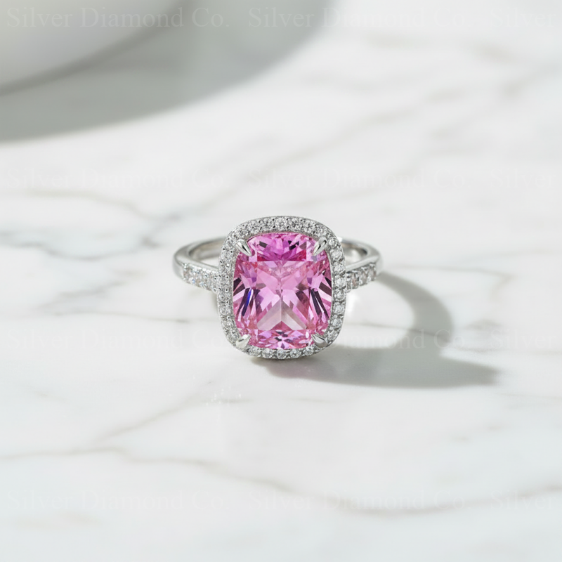 7Ct Pink Cushion Halo Ring - Silver Rings