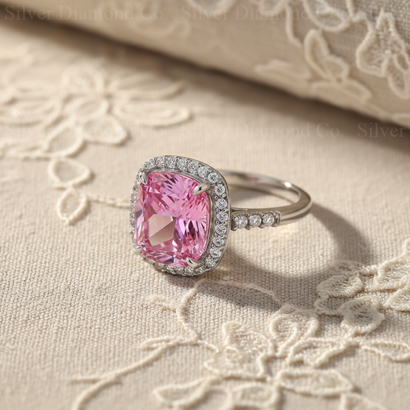 7Ct Pink Cushion Halo Ring - Silver Rings