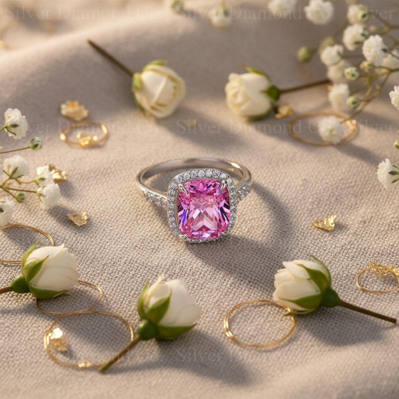 7Ct Pink Cushion Halo Ring - Silver Rings